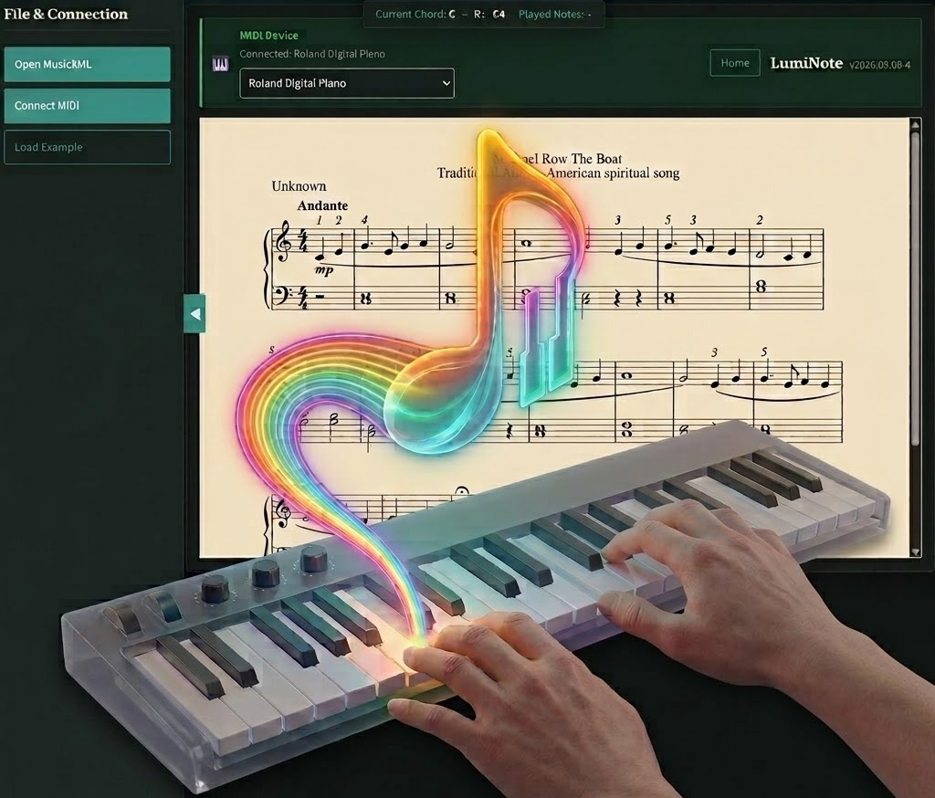 Hands practising piano with interactive sheet music feedback